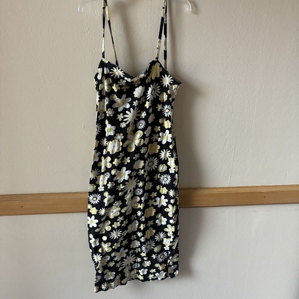 Y2K Rue21 Black & White Floral Slip Dress Small Bodycon Spaghetti Strap Mini